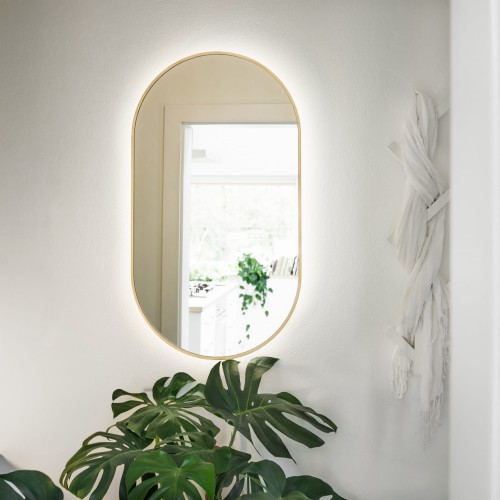 Lustro owalne CASSINI MINIMAL LED 45 x 85 cm -  w złotej, cienkiej ramie, podświetlane, pionowe - OUTLET