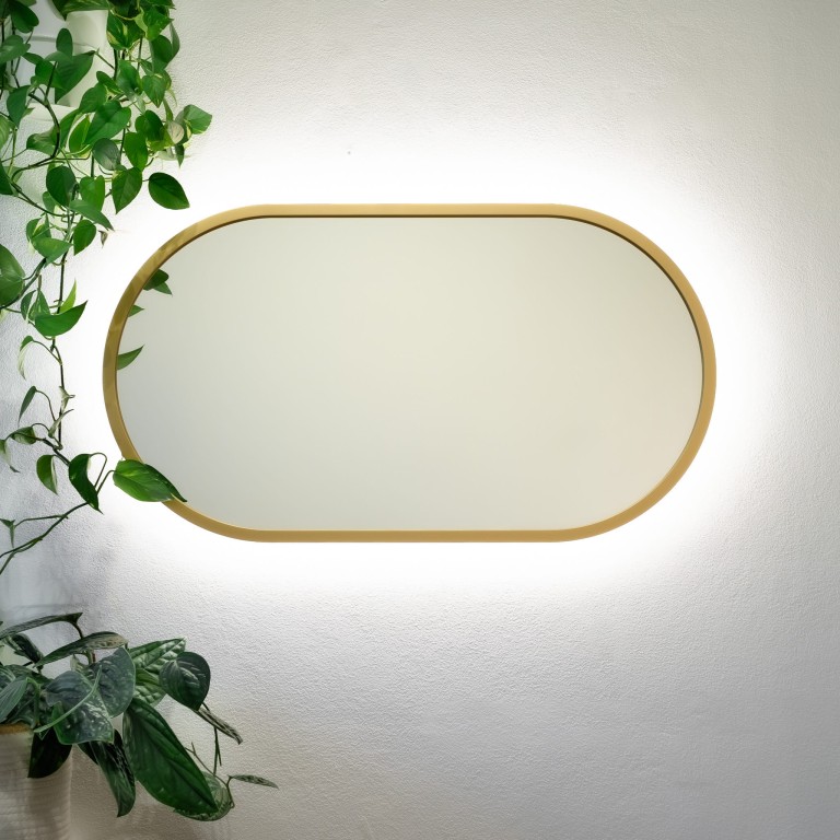 Lustro owalne CASSINI LED - w złotej ramie, podświetlane, poziome