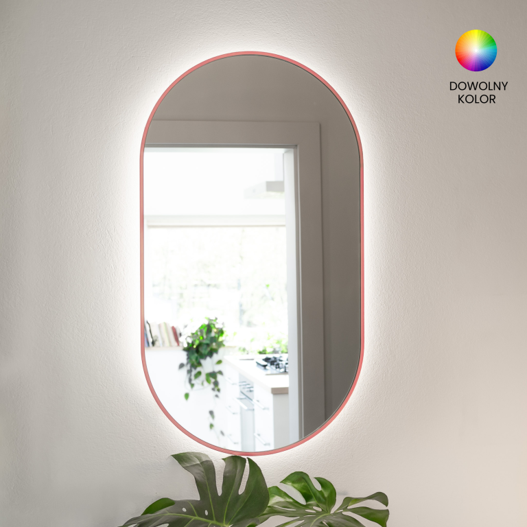 Lustro owalne CASSINI MINIMAL LED - w cienkiej ramie, podświetlane, pionowe, dowolny RAL