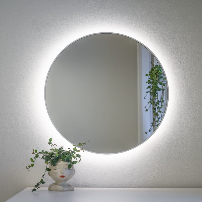 Lustro okrągłe MINIMAL LED - w białej, cienkiej ramie, podświetlane, 50 cm - OUTLET