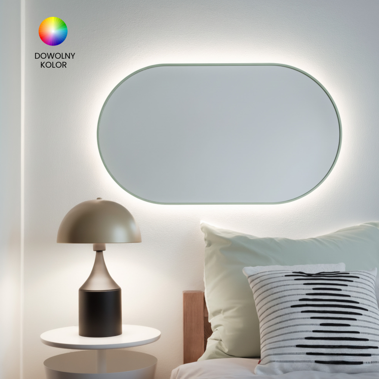 Lustro owalne CASSINI MINIMAL LED - w cienkiej ramie, podświetlane, poziome, dowolny RAL 