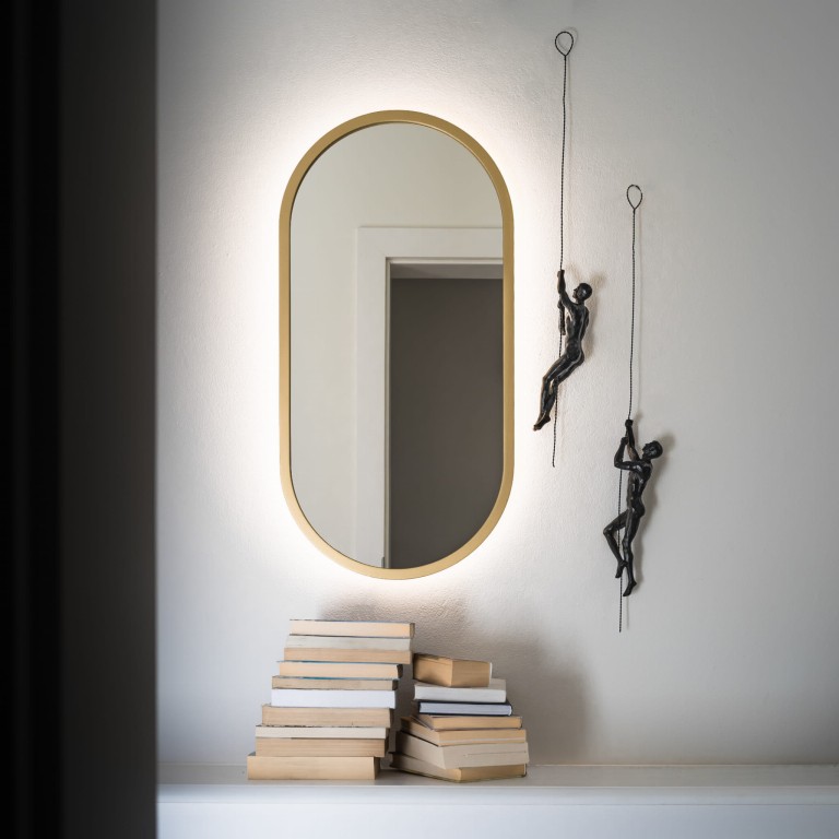 Lustro owalne CASSINI LED - w złotej ramie, podświetlane, pionowe