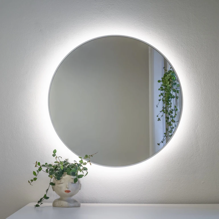 Lustro okrągłe MINIMAL LED - w białej, cienkiej ramie, podświetlane