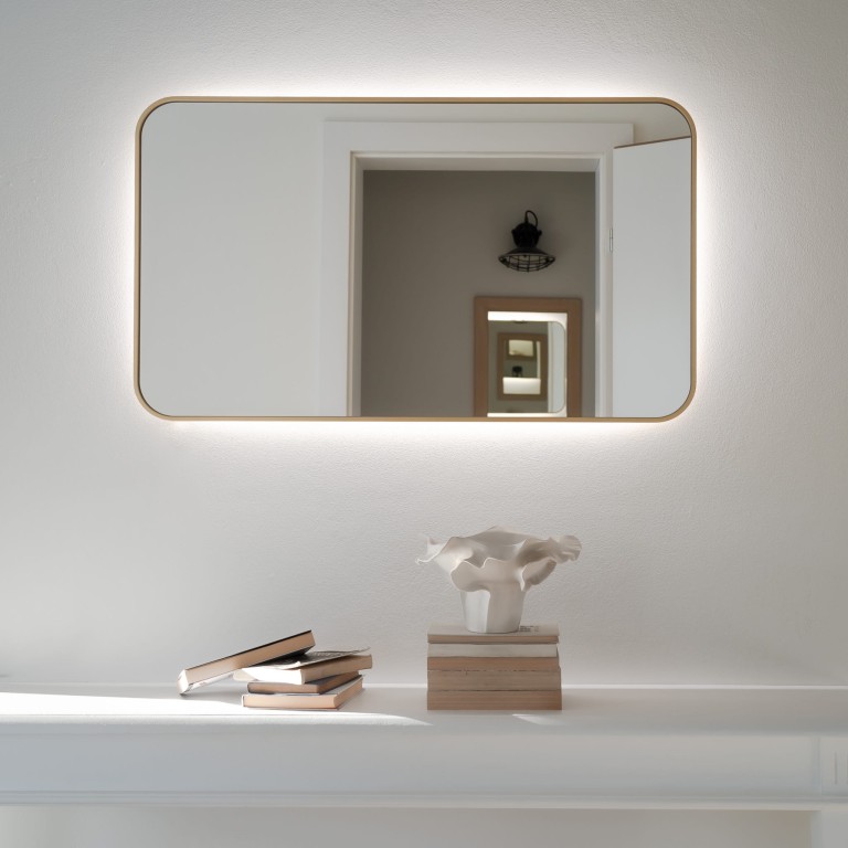 Lustro prostokątne ORTO MINIMAL LED - w złotej, cienkiej ramie, podświetlane, poziome