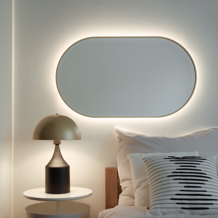 Lustro owalne CASSINI MINIMAL LED - w złotej, cienkiej ramie, podświetlane, poziome