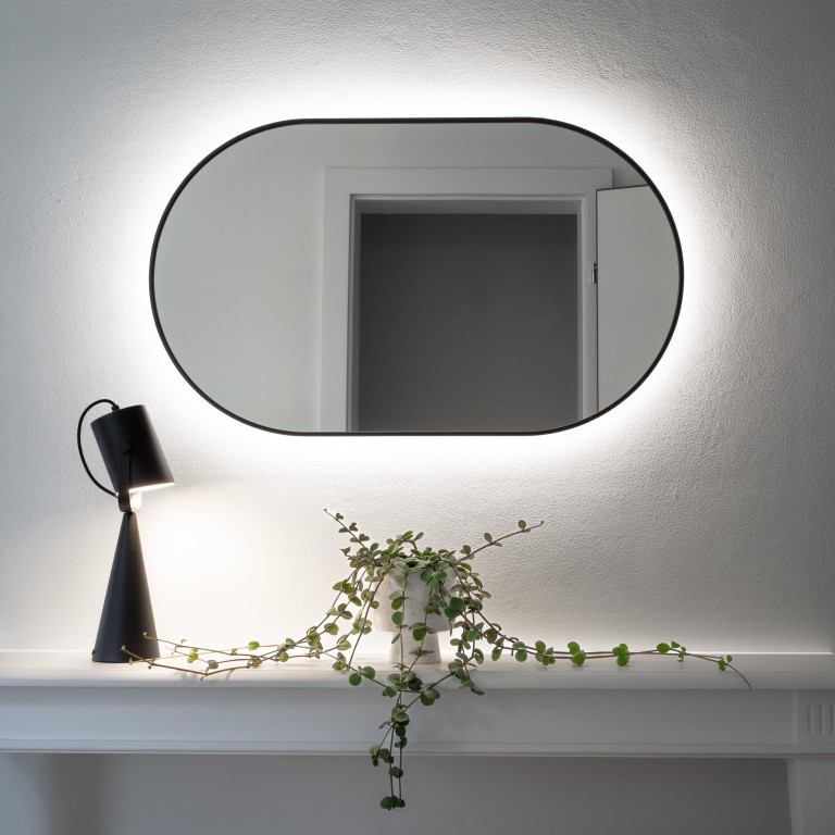 Lustro owalne CASSINI MINIMAL LED - w czarnej, cienkiej ramie, podświetlane, poziome