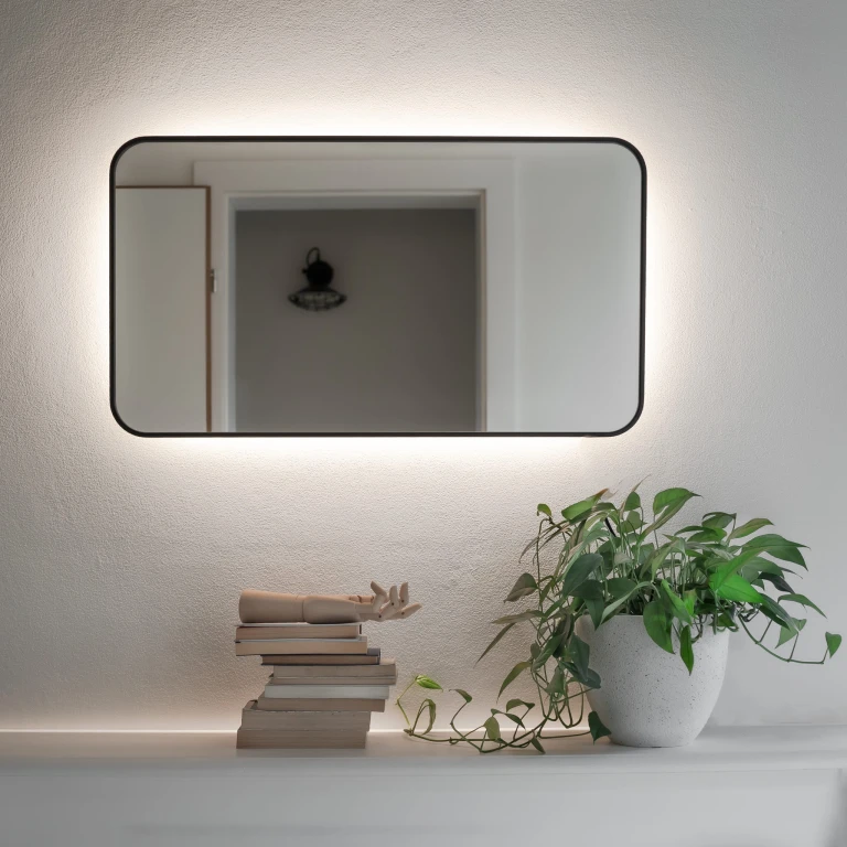 Lustro prostokątne ORTO MINIMAL LED - w czarnej, cienkiej ramie, podświetlane, poziome