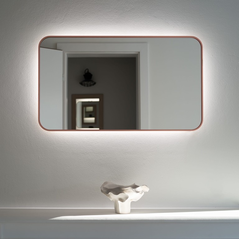 Lustro prostokątne ORTO MINIMAL LED - w miedzianej, cienkiej ramie, podświetlane, poziome